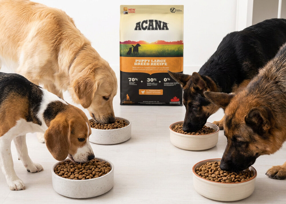 Cztery psy jedzą karmę z misek, a w tle widoczna jest torba z napisem \'ACANA Puppy Large Breed Recipe\'.