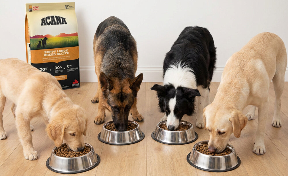 Cztery psy jedzą karmę z metalowych misek na drewnianej podłodze. W tle widoczna jest torba z karmą dla psa z napisem \'ACANA Puppy Large Breed Recipe\'.
