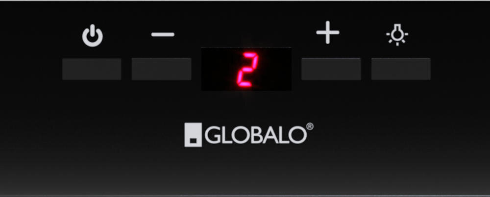 Panel sterowania z wyświetlaczem pokazującym cyfrę 2 oraz przyciskami: włącz/wyłącz, minus, plus i oświetlenie. Logo: GLOBALO.