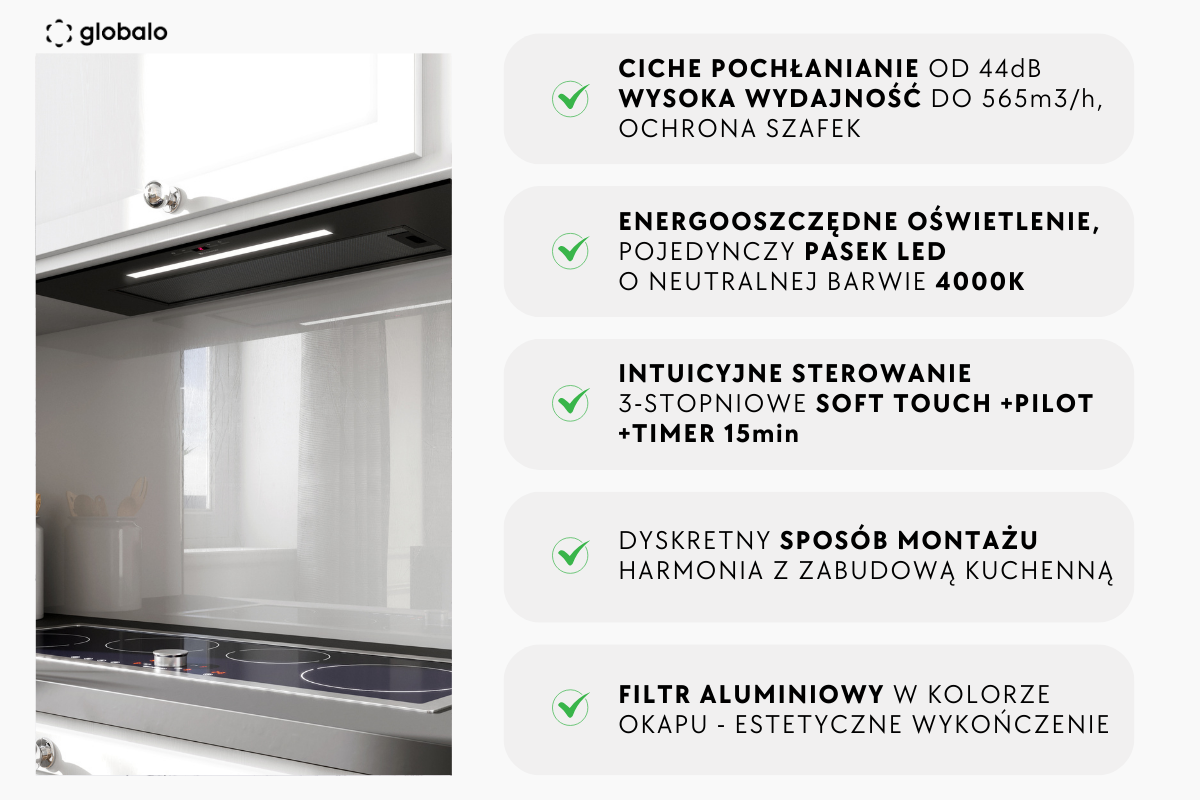 Obraz przedstawia okap kuchenny zamontowany pod szafką z logo \'globalo\'. Obok widoczna jest lista cech: \'CICHE POCHŁANIANIE OD 44dB WYSOKA WYDAJNOŚĆ DO 565m3/h, OCHRONA SZAFEK\', \'ENERGOOSZCZĘDNE OŚWIETLENIE, POJEDYNCZY PASEK LED O NEUTRALNEJ BARWIE 4000K\', \'INTUICYJNE STEROWANIE 3-STOPNIOWE SOFT TOUCH +PILOT +TIMER 15min\', \'DYSKRETNY SPOSÓB MONTAŻU HARMONIA Z ZABUDOWĄ KUCHENNĄ\', \'FILTR ALUMINIOWY W KOLORZE OKAPU - ESTETYCZNE WYKOŃCZENIE\'.