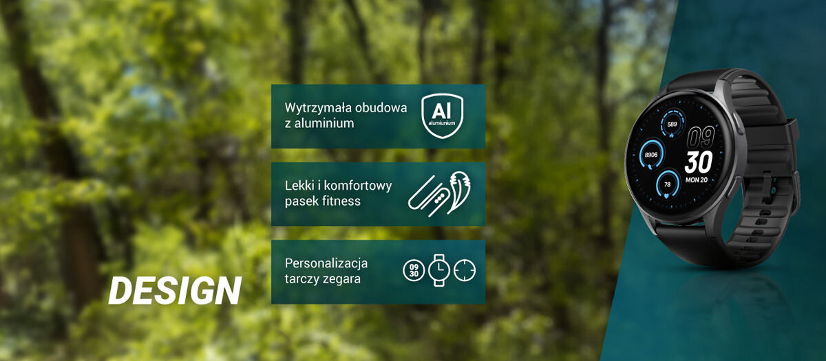 Obraz przedstawia czarny smartwatch z okrągłym wyświetlaczem, na którym widoczna jest godzina i data. Obok znajdują się napisy: \'Wytrzymała obudowa z aluminium\', \'Lekki i komfortowy pasek fitness\', \'Personalizacja tarczy zegara\'.