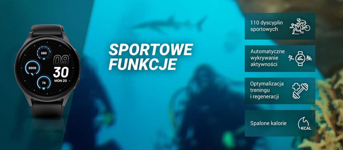 Obraz przedstawia czarny smartwatch z wyświetlaczem pokazującym godzinę 09:06 i datę MON 20. Obok zegarka widnieje tekst \'SPORTOWE FUNKCJE\' oraz ikony z opisami: \'110 dyscyplin sportowych\', \'Automatyczne wykrywanie aktywności\', \'Optymalizacja treningu i regeneracji\', \'Spalone kalorie\'.