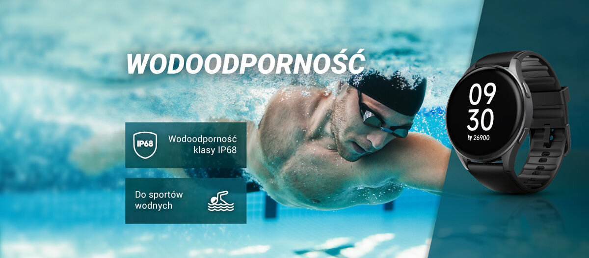 Obraz przedstawia pływaka w wodzie oraz smartwatch z wyświetlaczem pokazującym godzinę 09:30 i liczbę 26900. Widoczny jest tekst: \'WODOODPORNOŚĆ\', \'Wodoodporność klasy IP68\', \'Do sportów wodnych\'.