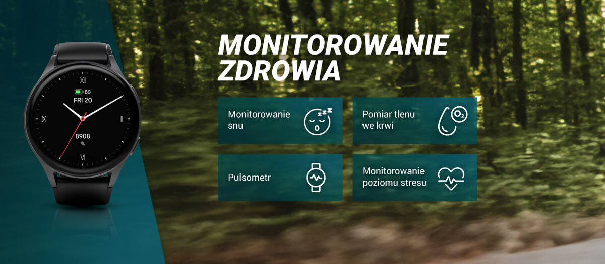 Obraz przedstawia czarny smartwatch z wyświetlaczem pokazującym datę i godzinę. Obok znajdują się napisy: \'MONITOROWANIE ZDROWIA\', \'Monitorowanie snu\', \'Pomiar tlenu we krwi\', \'Pulsometr\', \'Monitorowanie poziomu stresu\'.