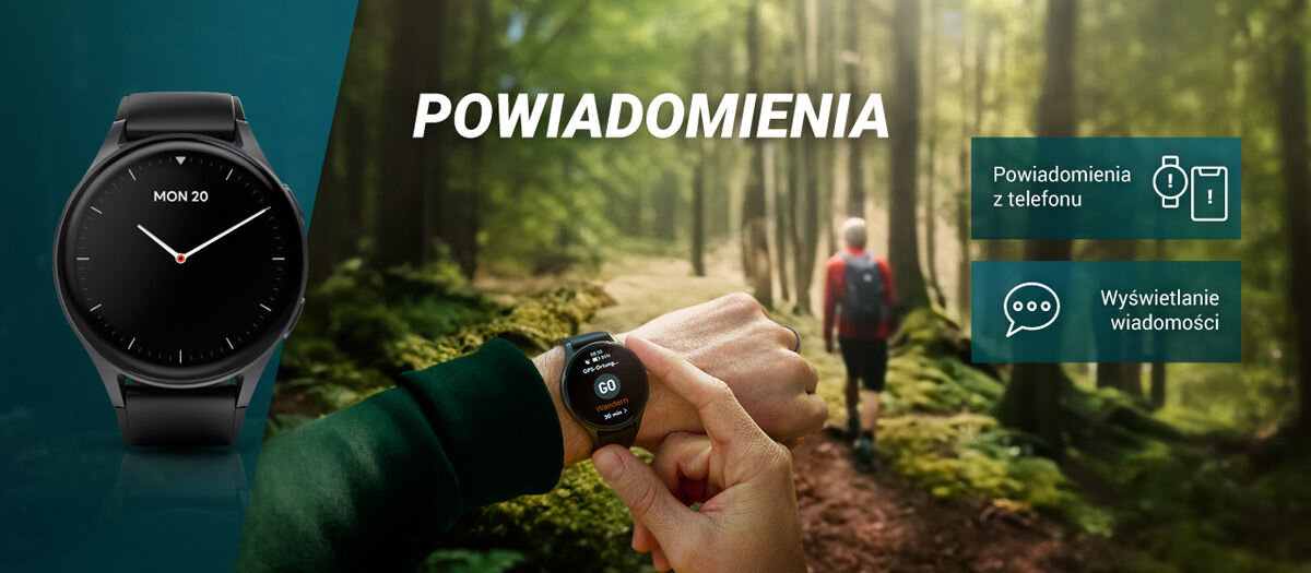 Obraz przedstawia smartwatch z czarnym paskiem i okrągłą tarczą, na której wyświetlana jest data \'MON 20\'. W tle znajduje się osoba w lesie, a obok widoczne są ikony z tekstem: \'Powiadomienia z telefonu\' i \'Wyświetlanie wiadomości\'.