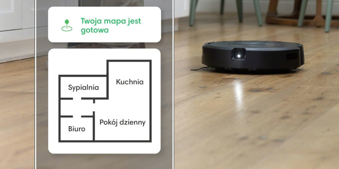 Na obrazie widać robot sprzątający na drewnianej podłodze oraz schematyczną mapę pomieszczeń z podpisami: Sypialnia, Kuchnia, Biuro, Pokój dzienny. Nad mapą znajduje się tekst: \'Twoja mapa jest gotowa\'.