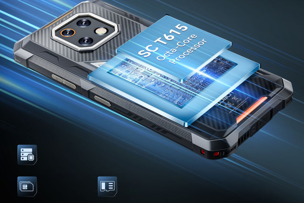 Obraz przedstawia smartfon z widocznym napisem \'SC-T615 Octa-Core Processor\' na tle niebieskich linii. W dolnej części obrazu znajdują się trzy ikony symbolizujące różne funkcje urządzenia.
