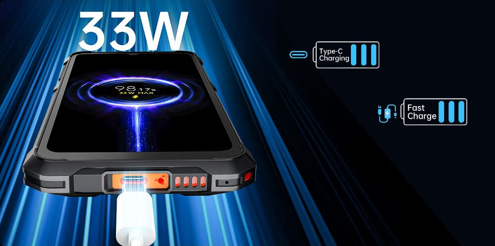 Obraz przedstawia smartfon z podłączonym kablem do ładowania, z wyświetlaczem pokazującym 98% naładowania. Widoczne są napisy \'33W\', \'Type-C Charging\' oraz \'Fast Charge\'.