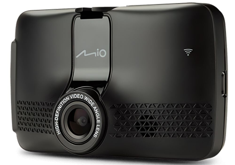 Czarny wideorejestrator z logo \'Mio\' na obudowie i obiektywem z napisem \'HIGH DEFINITION VIDEO WIDE ANGLE LENS\'.