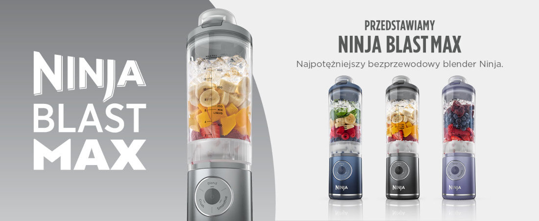 Obraz przedstawia trzy blendery Ninja Blast Max w różnych kolorach, wypełnione owocami. Po lewej stronie widnieje napis \'NINJA BLAST MAX\', a po prawej \'PRZEDSTAWIAMY NINJA BLAST MAX Najpotężniejszy bezprzewodowy blender Ninja.\'.