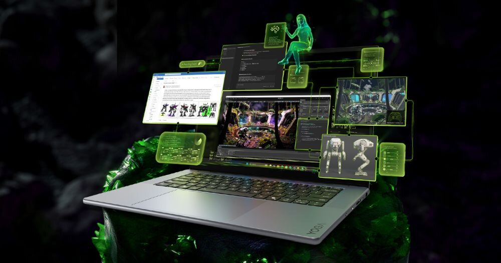 Laptop LENOVO Yoga Pro 9 Gen 11 z wyświetlonym interfejsem aplikacji do tworzenia grafiki 3D.
