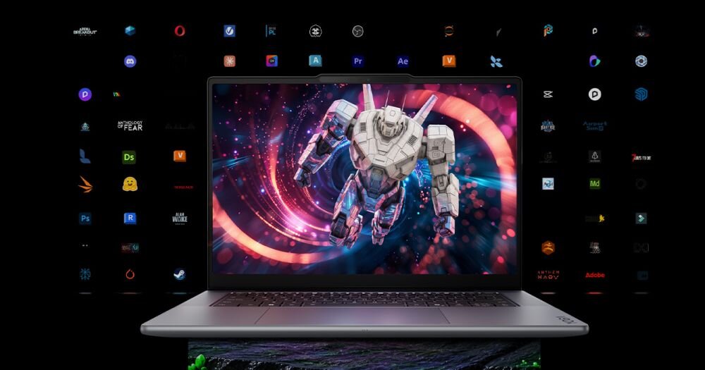Użytkownik pracujący na laptopie LENOVO Yoga Pro 9 Gen 11 z podłączonymi urządzeniami peryferyjnymi.