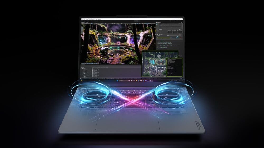 Grafika przedstawiająca system chłodzenia laptopa LENOVO Yoga Pro 9 Gen 11 z widocznymi wentylatorami.