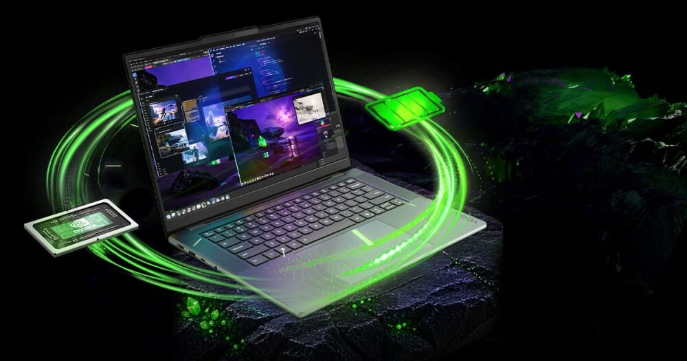 Laptop LENOVO Yoga Pro 9 Gen 11 w kawiarni, bez podłączonego zasilacza.