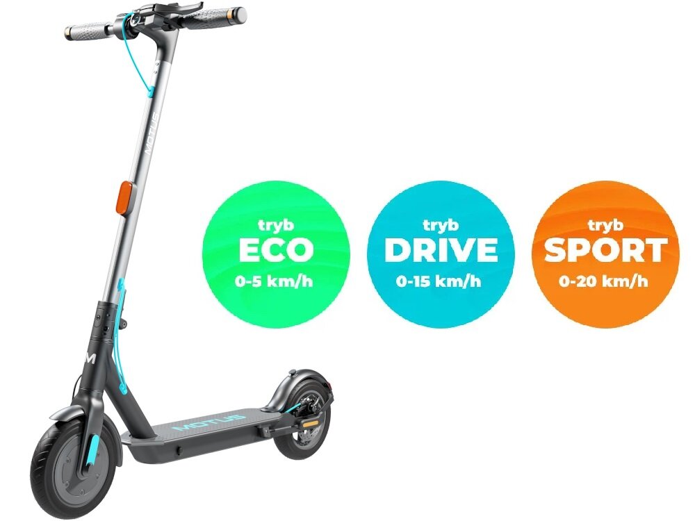 Szara hulajnoga elektryczna z widocznymi trzema trybami jazdy: tryb ECO 0-5 km/h, tryb DRIVE 0-15 km/h, tryb SPORT 0-20 km/h. Hulajnoga ma czarne koła i niebieskie akcenty na kierownicy oraz ramie.