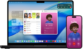 Na obrazie widoczny jest laptop z otwartym ekranem, na którym wyświetlane są różne aplikacje oraz smartfon z ekranem pokazującym kontakt o imieniu Luis. Oba urządzenia mają nowoczesny design i są w kolorze ciemnym.