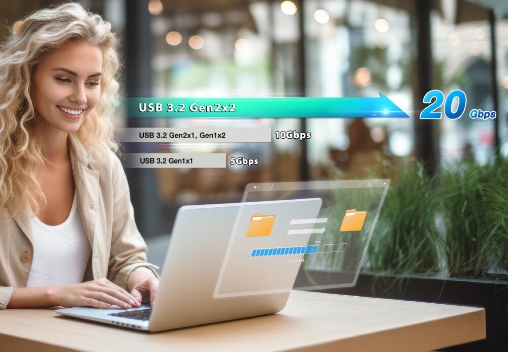 Osoba siedzi przy laptopie, na ekranie którego widoczne są ikony folderów i pasek postępu. Obok znajduje się grafika z tekstem: \'USB 3.2 Gen2x2\', \'20 Gbps\', \'USB 3.2 Gen2x1, Gen1x2 10Gbps\', \'USB 3.2 Gen1x1 5Gbps\'.