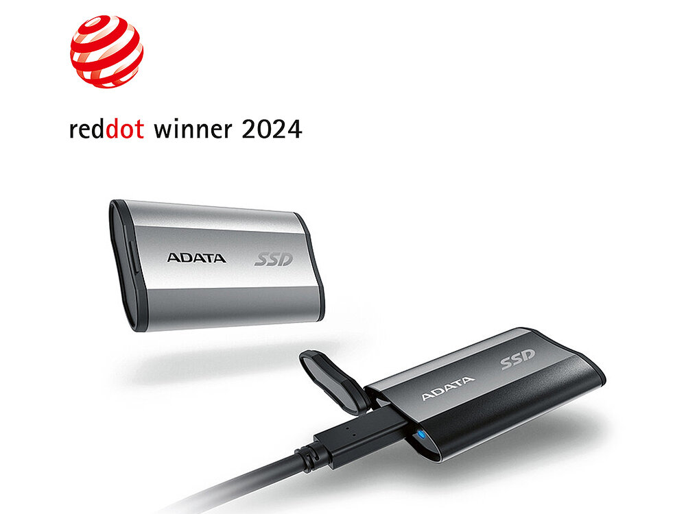 Na obrazie widoczne są dwa srebrne dyski SSD marki ADATA z napisem \'ADATA SSD\'. W górnej części obrazu znajduje się tekst \'reddot winner 2024\'.