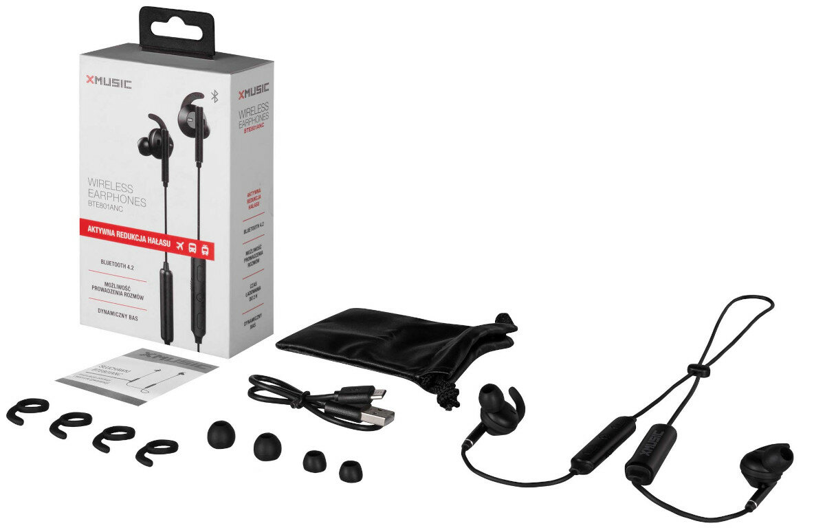 Słuchawki dokanałowe XMUSIC BTE801 ANC Czarny Bluetooth etui zawartosc opakowania