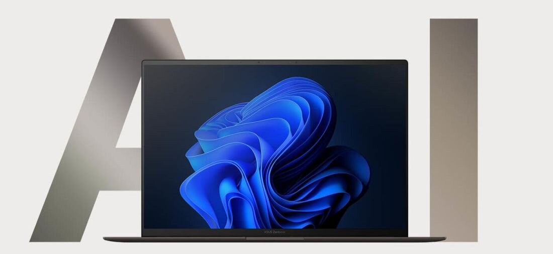 Na obrazie widoczny jest laptop z wyświetlaczem pokazującym niebieską abstrakcyjną grafikę. W tle znajduje się duży napis \'AI\'.