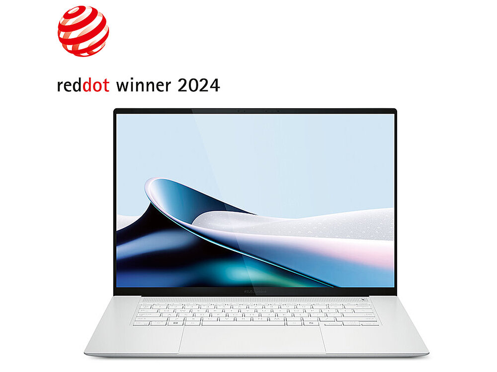 Laptop z dużym ekranem, na którym wyświetlany jest abstrakcyjny obraz. Nad laptopem widnieje napis \'reddot winner 2024\'.