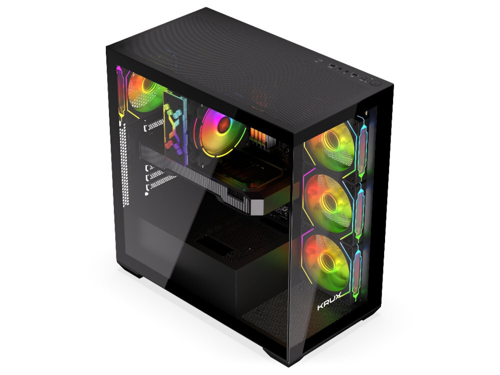 Obudowa komputerowa w kolorze czarnym z przezroczystym panelem bocznym, ukazującym wnętrze z podświetlanymi wentylatorami RGB. Na obudowie widoczne jest logo \'KRUX\'.