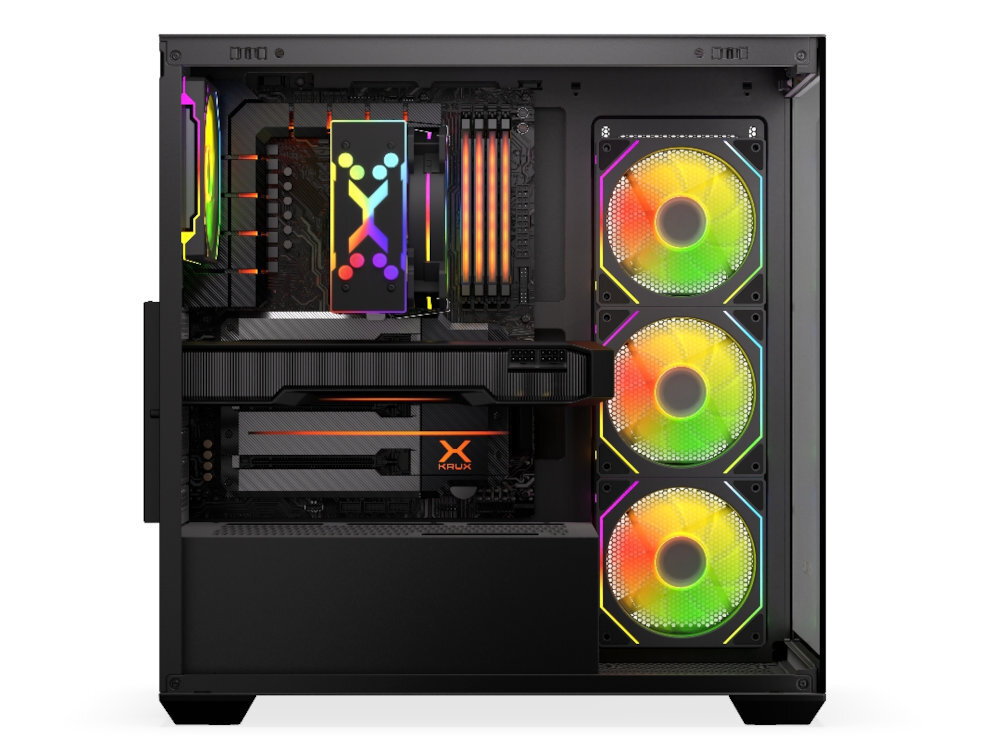 Obudowa komputerowa z trzema wentylatorami RGB z przodu i podświetleniem wewnętrznym. Na podzespołach widoczne jest logo \'KRUX\'.