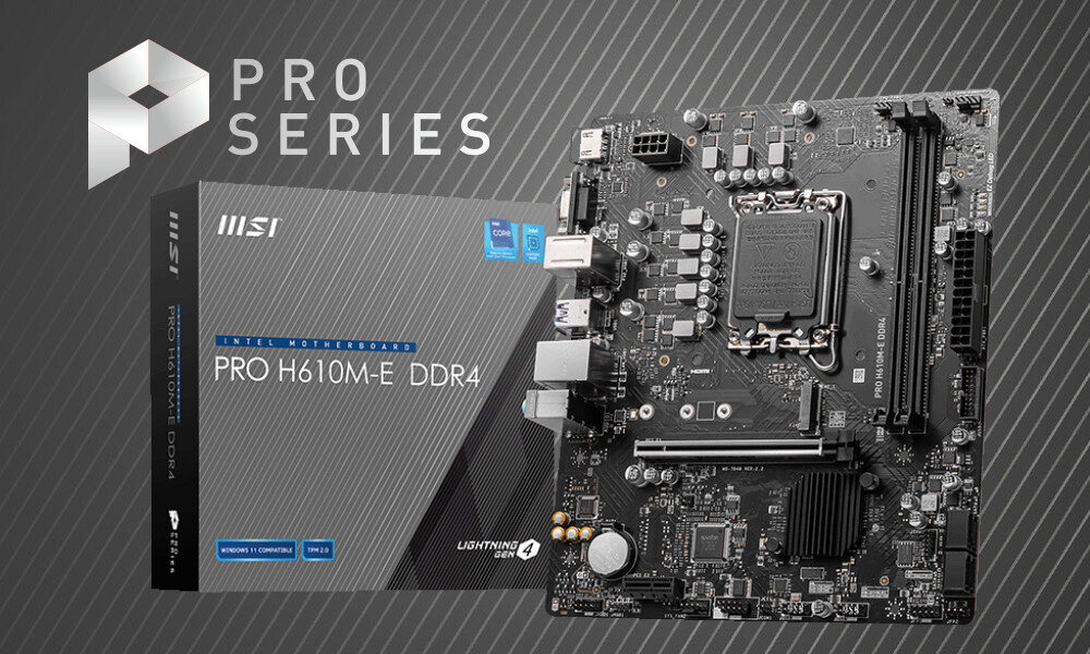 Obraz przedstawia płytę główną MSI Pro H610M-E DDR4 oraz jej opakowanie z napisem \'PRO H610M-E DDR4\'. W tle widoczne jest logo \'PRO SERIES\'.