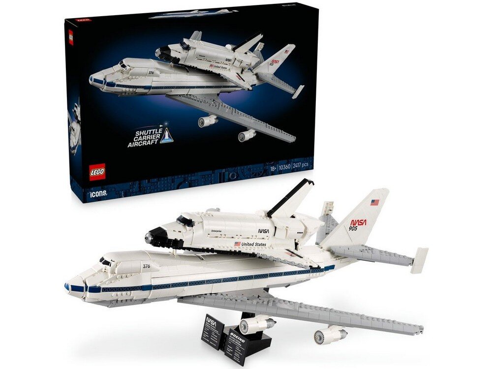 Zestaw LEGO przedstawiający samolot transportujący prom kosmiczny, z widocznym logo NASA i napisem \'United States\'. W tle pudełko z grafiką modelu i napisami \'Shuttle Carrier Aircraft\', \'LEGO\', \'Icons\', \'18+\', \'10360\', \'2317 pcs\'.