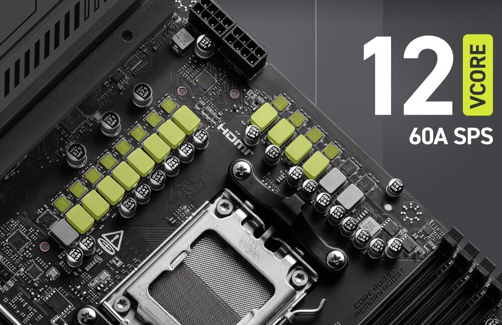 Obraz przedstawia fragment płyty głównej z widocznymi elementami elektronicznymi oraz złączem procesora. Po prawej stronie znajduje się tekst: \'12 VCORE 60A SPS\'.