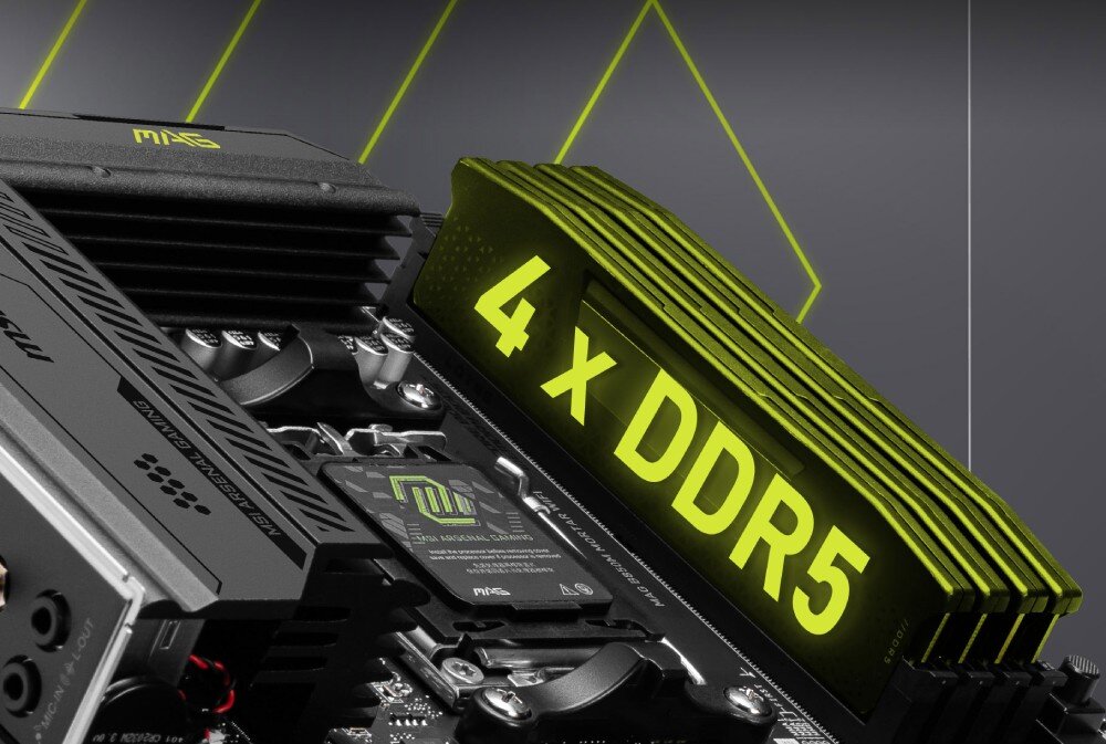 Obraz przedstawia fragment płyty głównej z widocznymi czterema modułami pamięci RAM oznaczonymi jako \'4 x DDR5\'. Na płycie widoczne jest logo MSI.