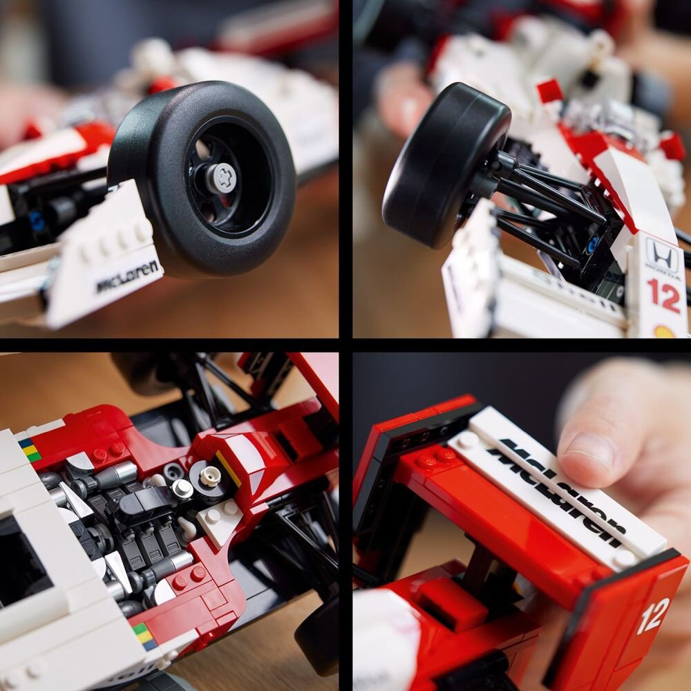 Cztery zbliżenia na model samochodu wyścigowego z klocków LEGO, przedstawiające szczegóły takie jak koła, tylne skrzydło z napisem \'McLaren\', oraz elementy konstrukcyjne. Widoczne są także numery \'12\' i logo \'Honda\'.