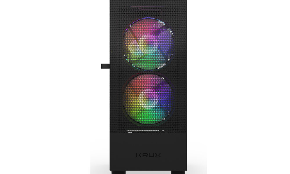 Obudowa komputerowa z dwoma widocznymi wentylatorami RGB na przednim panelu. Na dole panelu znajduje się napis \'KRUX\'.