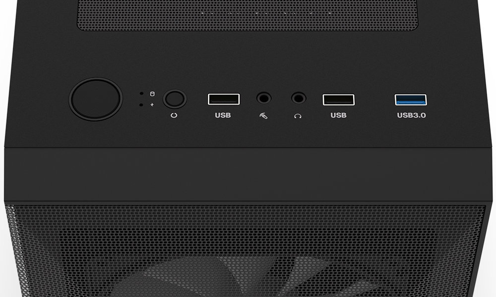 Czarna obudowa komputerowa z widocznymi portami USB, USB 3.0, gniazdami audio oraz przyciskiem zasilania na górnym panelu. W dolnej części widoczna jest siatka wentylacyjna z zamontowanym wentylatorem.