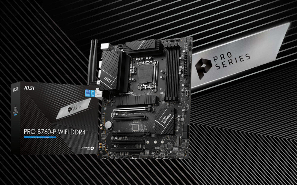 Obraz przedstawia płytę główną z oznaczeniem \'PRO B760-P WiFi DDR4\' oraz pudełko z logo \'MSI\' i napisem \'PRO SERIES\'. Tło ma wzór z ukośnych linii.