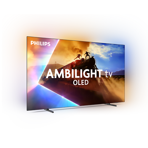 Telewizor OLED z widocznym logo PHILIPS i napisem \'AMBILIGHT tv OLED\'. Na ekranie wyświetlany jest dynamiczny obraz z pociągiem i postaciami na tle nieba.