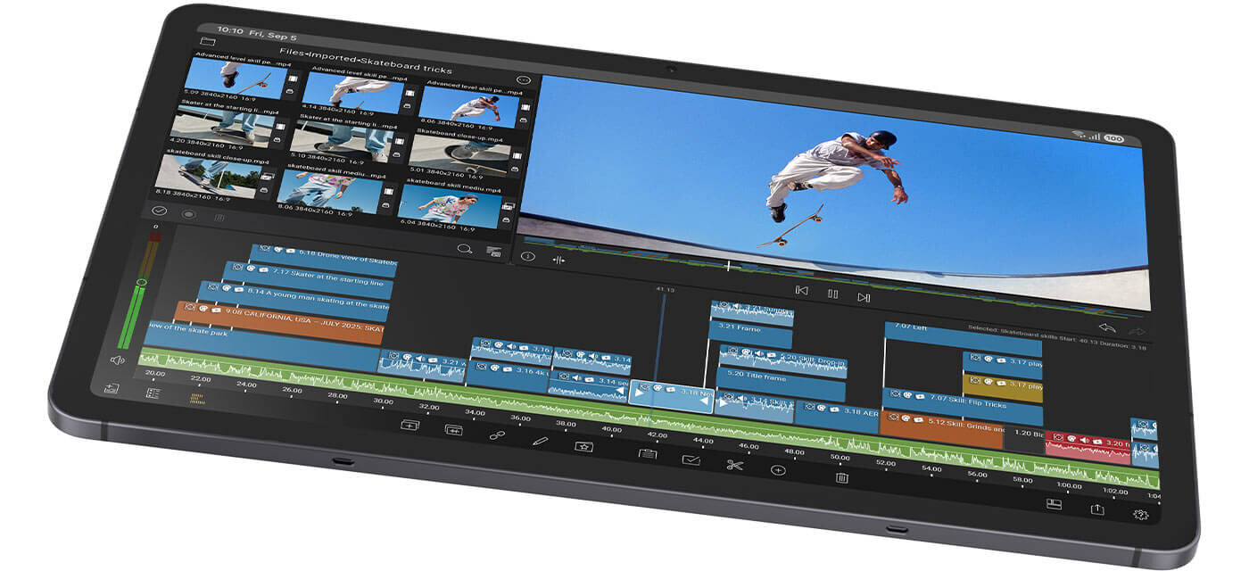 Galaxy Tab S11 z włączoną aplikacją LumaFusion pokazuje montowany film przedstawiający mężczyznę jeżdżącego na deskorolce. Tekst powyżej głosi: NPU 33%, CPU 48%, GPU 69%, podkreślając wysoką wydajność w zadaniach kreatywnych, takich jak edycja wideo. Tablet z dużym ekranem wyświetla aplikację do edycji wideo z widocznymi klipami i osiami czasu. Na ekranie widać osobę wykonującą skok na deskorolce na tle nieba.