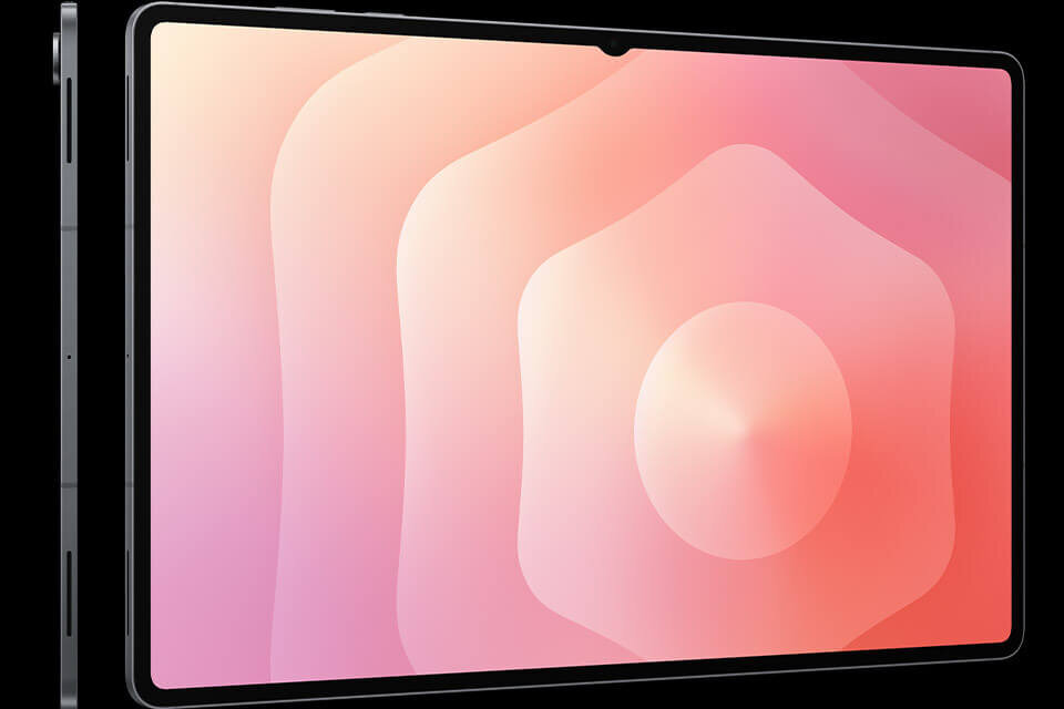 galaxy-tab-s11-ultra l Tablet z dużym ekranem wyświetlający abstrakcyjną grafikę w odcieniach różu i pomarańczu. Urządzenie ma cienkie ramki i metaliczną obudowę.