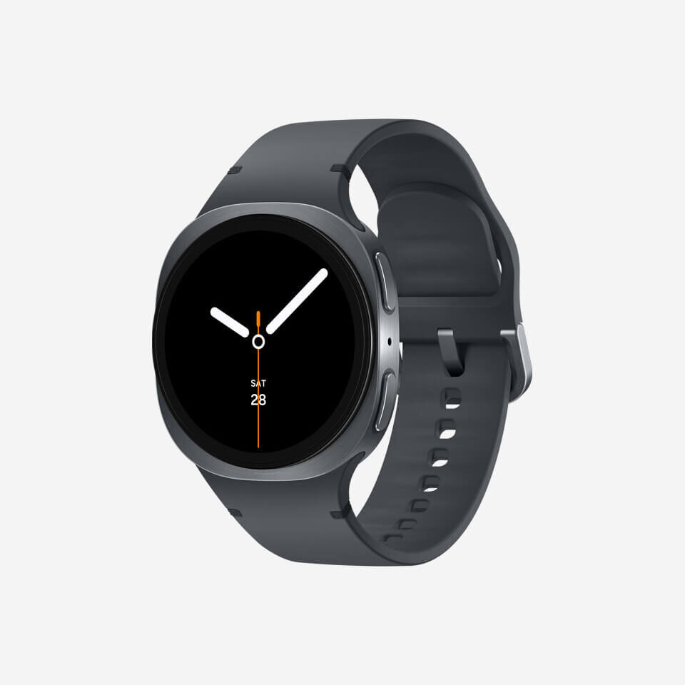 Galaxy Watch8 Smartwatch z okrągłym, czarnym wyświetlaczem i szarą opaską. Na ekranie widoczne są wskazówki zegara oraz data \'SAT 28\'.
