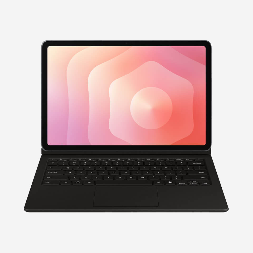 Etui Book Cover z klawiaturą Obraz przedstawia tablet z klawiaturą, na ekranie widoczny jest abstrakcyjny wzór w odcieniach różu i pomarańczu. Klawiatura jest czarna, a tło obrazu jest jasnoszare.