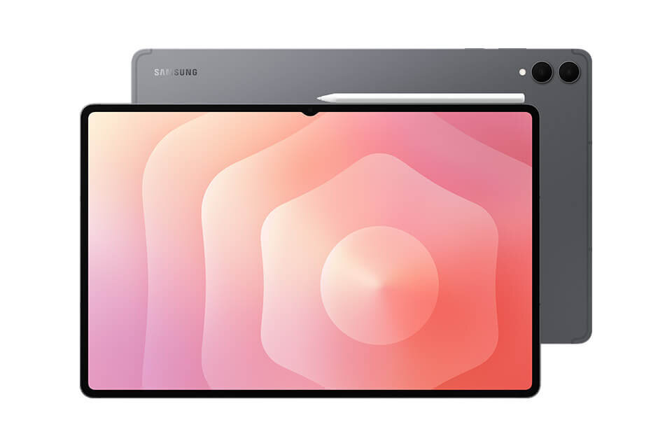 Galaxy Tab S11 Ultra Na obrazie widoczny jest tablet z dużym ekranem, na którym wyświetlany jest abstrakcyjny wzór w odcieniach różu i pomarańczu. W tle znajduje się tył tabletu z logo \'SAMSUNG\', rysikiem i dwoma obiektywami aparatu.