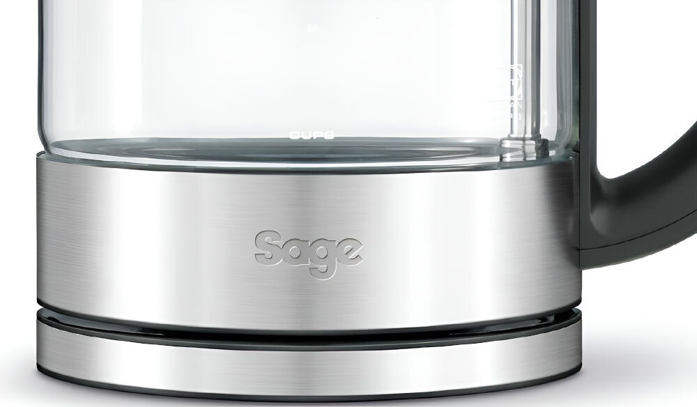 Czajnik SAGE BKE395CLR zbliżenie na srebrną podstawę przeźroczysta obudowa białe tło Obrotowa podstawa 360° ustawienie pod dowolnym kątem stabilność antypoślizgowa powierzchnia system automatycznego wyłączania Wbudowana ochrona bezpieczne korzystanie 