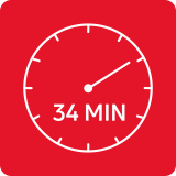 Czerwony kwadrat z białą grafiką zegara wskazującego 34 minuty.