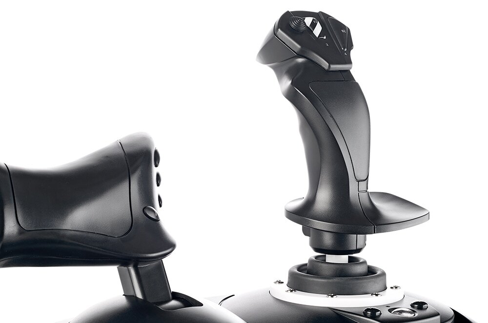 Na obrazie widoczny jest czarny joystick z podstawą oraz element przypominający przepustnicę, oba wykonane z tworzywa sztucznego. Urządzenia mają ergonomiczny kształt i kilka przycisków sterujących.