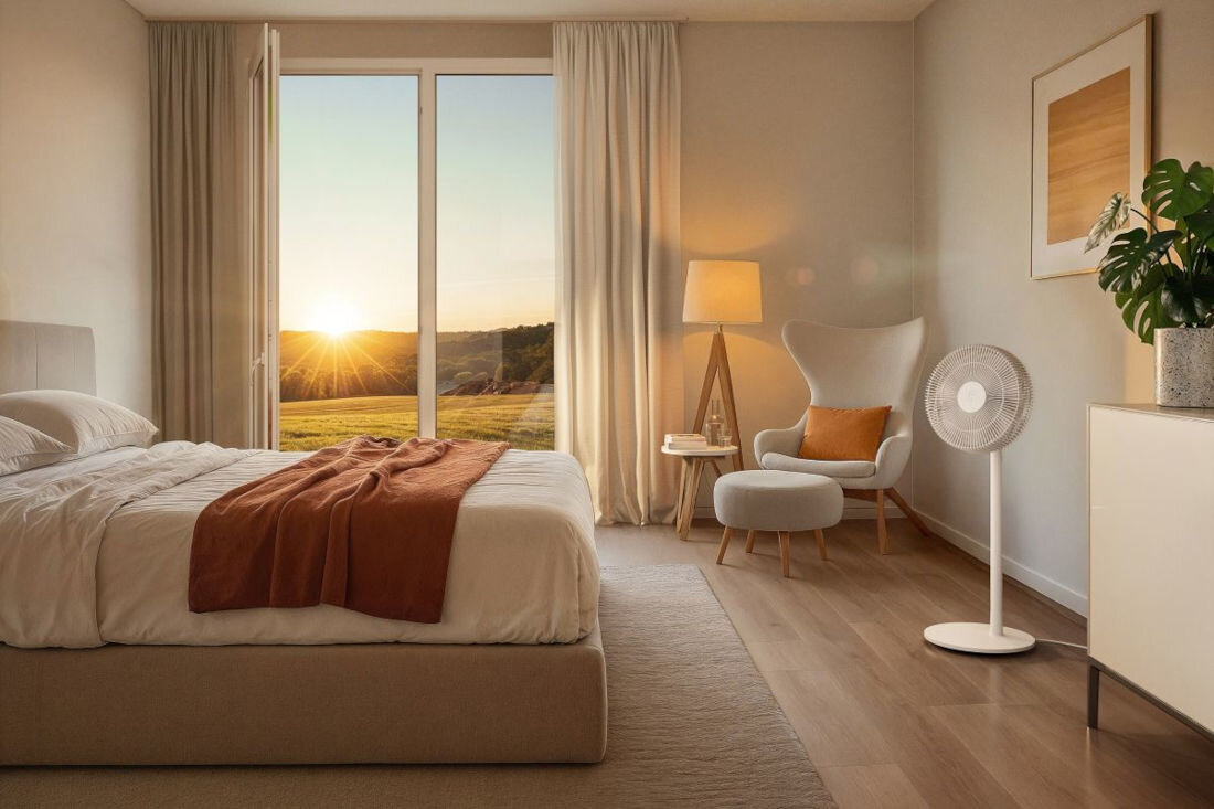 Pokój z dużym łóżkiem, fotel z podnóżkiem, lampą stojącą i wentylatorem na podłodze. Przez okno widać zachód słońca nad krajobrazem.