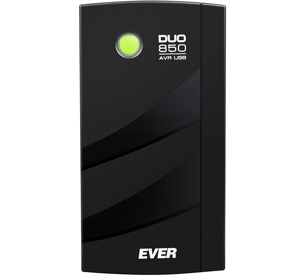 Czarny zasilacz UPS z zielonym przyciskiem i napisem \'DUO 850 AVR USB\'. Na dole widoczne jest logo \'EVER\'.