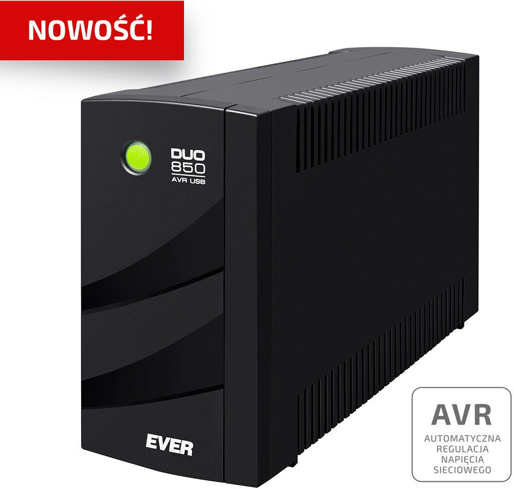 Czarny zasilacz UPS z zielonym przyciskiem i napisami \'DUO 850 AVR USB\' oraz \'EVER\'. W lewym górnym rogu czerwony napis \'NOWOŚĆ!\', a w prawym dolnym rogu napis \'AVR AUTOMATYCZNA REGULACJA NAPIĘCIA SIECIOWEGO\'.