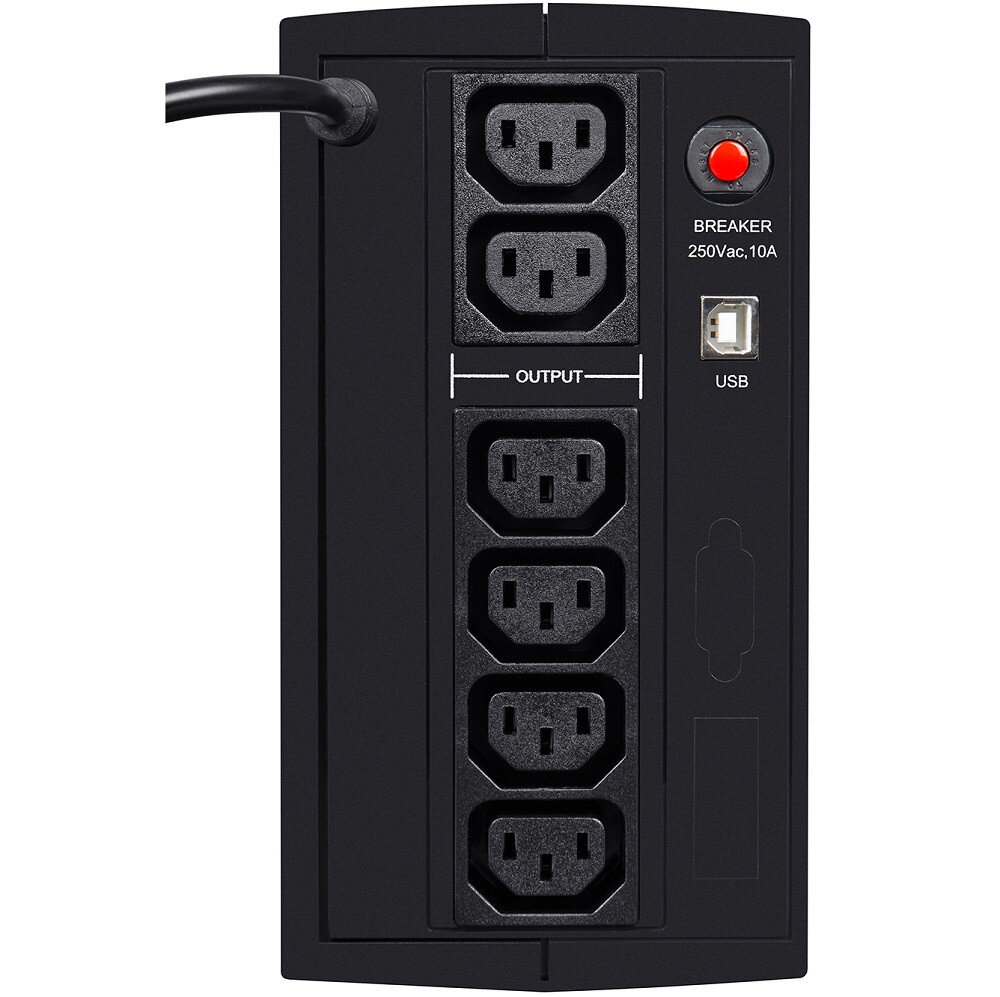 Obraz przedstawia tylny panel zasilacza UPS z sześcioma gniazdami wyjściowymi oznaczonymi jako \'OUTPUT\'. Widoczny jest również przycisk z napisem \'BREAKER 250Vac, 10A\' oraz port USB.