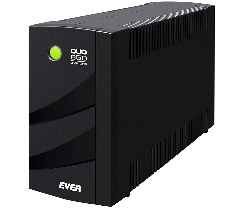 Czarny zasilacz UPS z zielonym przyciskiem i napisem \'DUO 850 AVR USB\' oraz logo \'EVER\'.