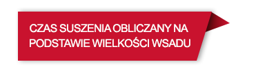 Czerwony prostokąt z czarną obwódką i trójkątnym zakończeniem z napisem: \'CZAS SUSZENIA OBLICZANY NA PODSTAWIE WIELKOŚCI WSADU\'.